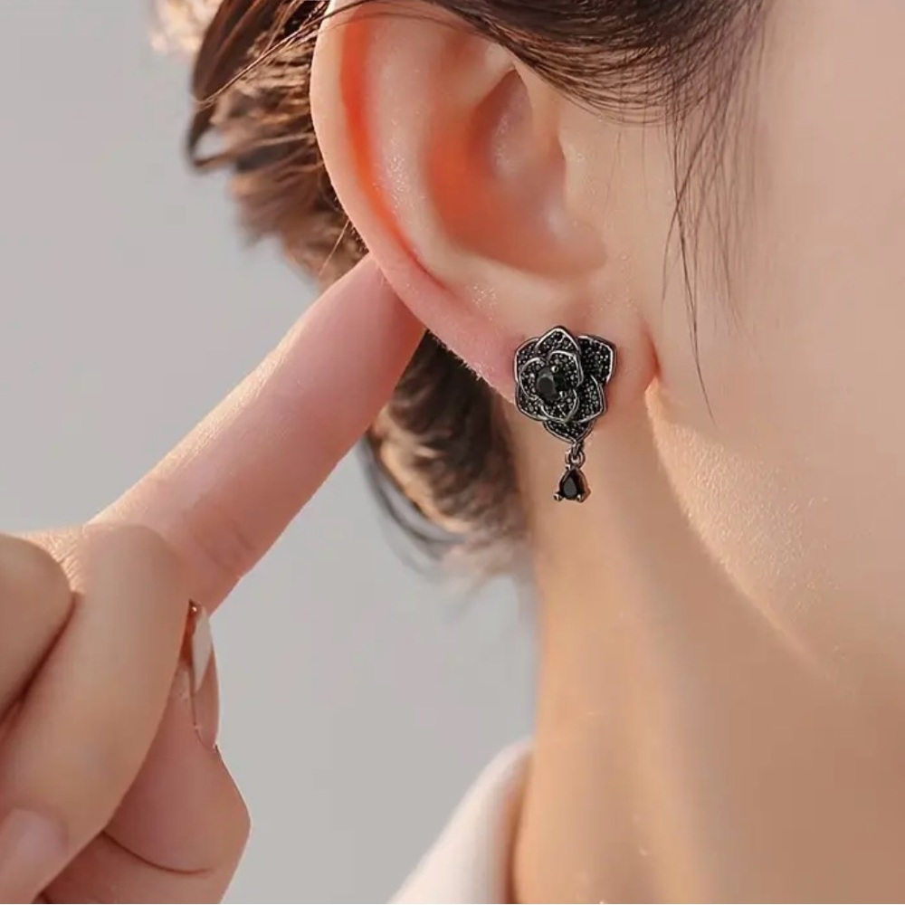 Black rose delicate dangle earrings